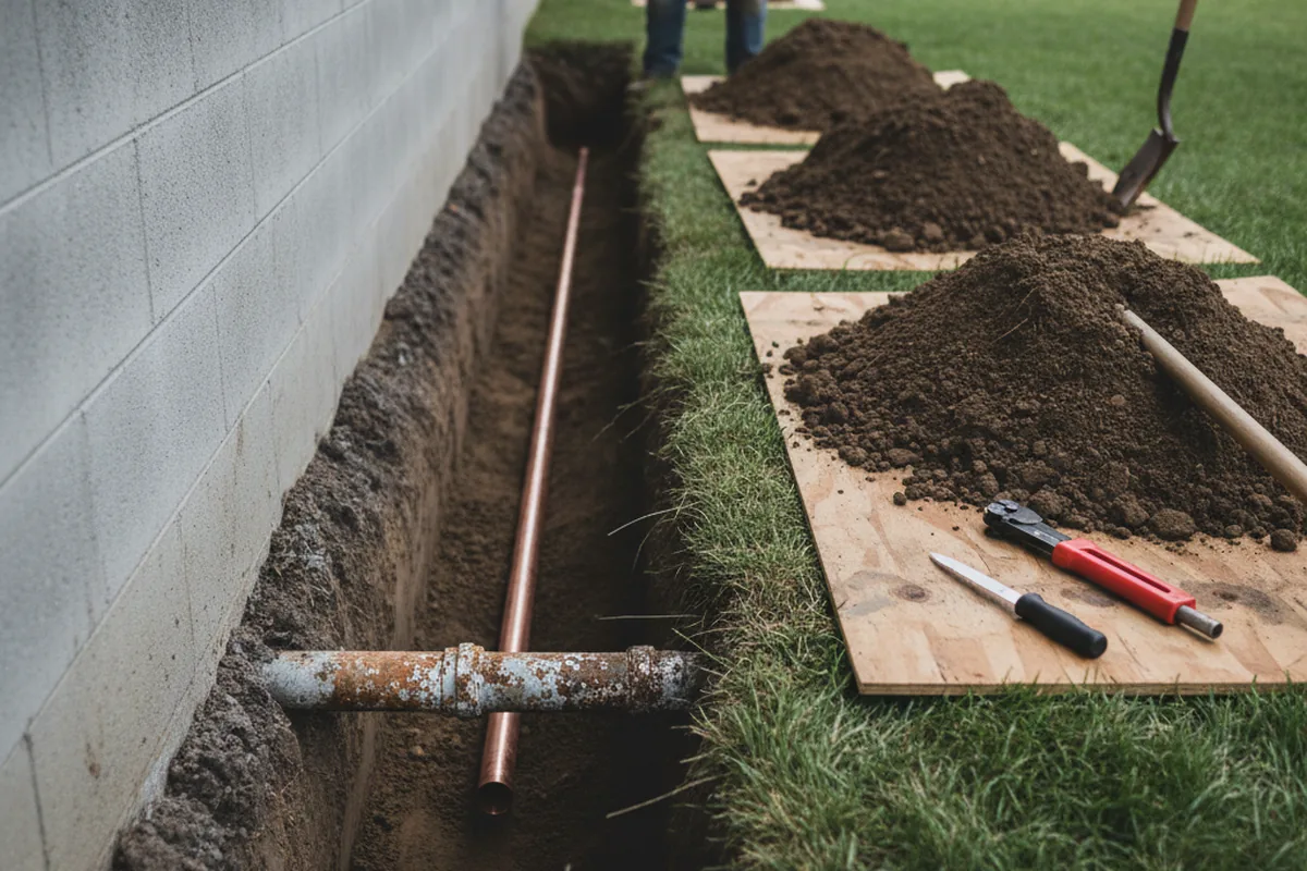 Excavated water line trench during Water Softener Installation in Southampton